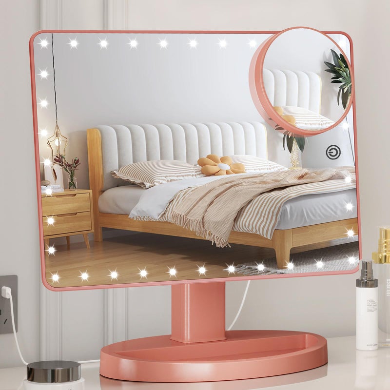FUNTOUCH Large Lighted Makeup Mirror with Lights, Light Up Mirror with Small 10x Magnification for Desk, 360Â°Rotation Touch Screen,Brightness Adjustable Tabletop Cosmetic Vanity Make Up Mirror - Image 1